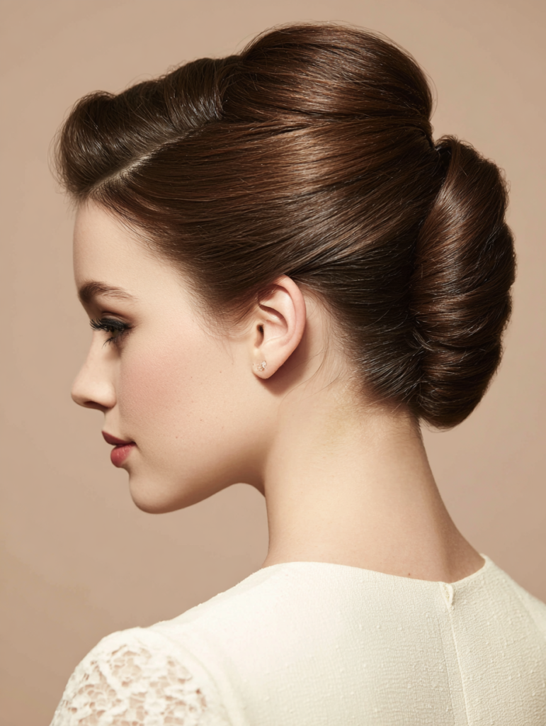 Classic French twist updo, sleek and sculpted for formal occasions