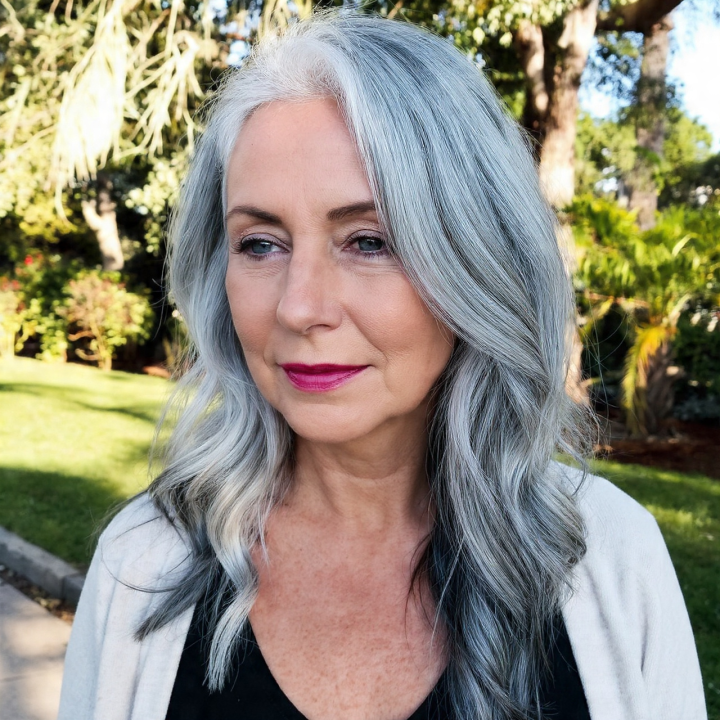 Long natural silver-gray wavy hair on a woman outdoors
