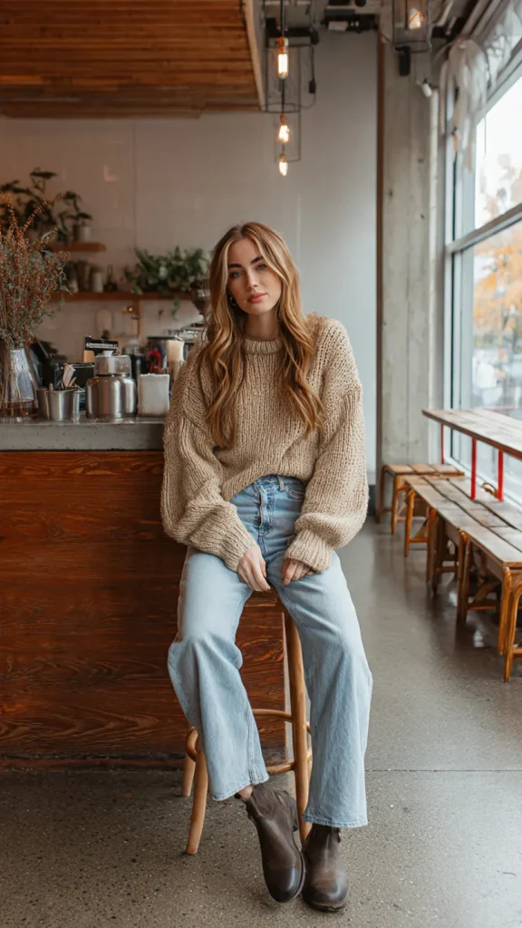 Chunky oatmeal knit sweater with light-wash straight-leg jeans and brown Chelsea boots