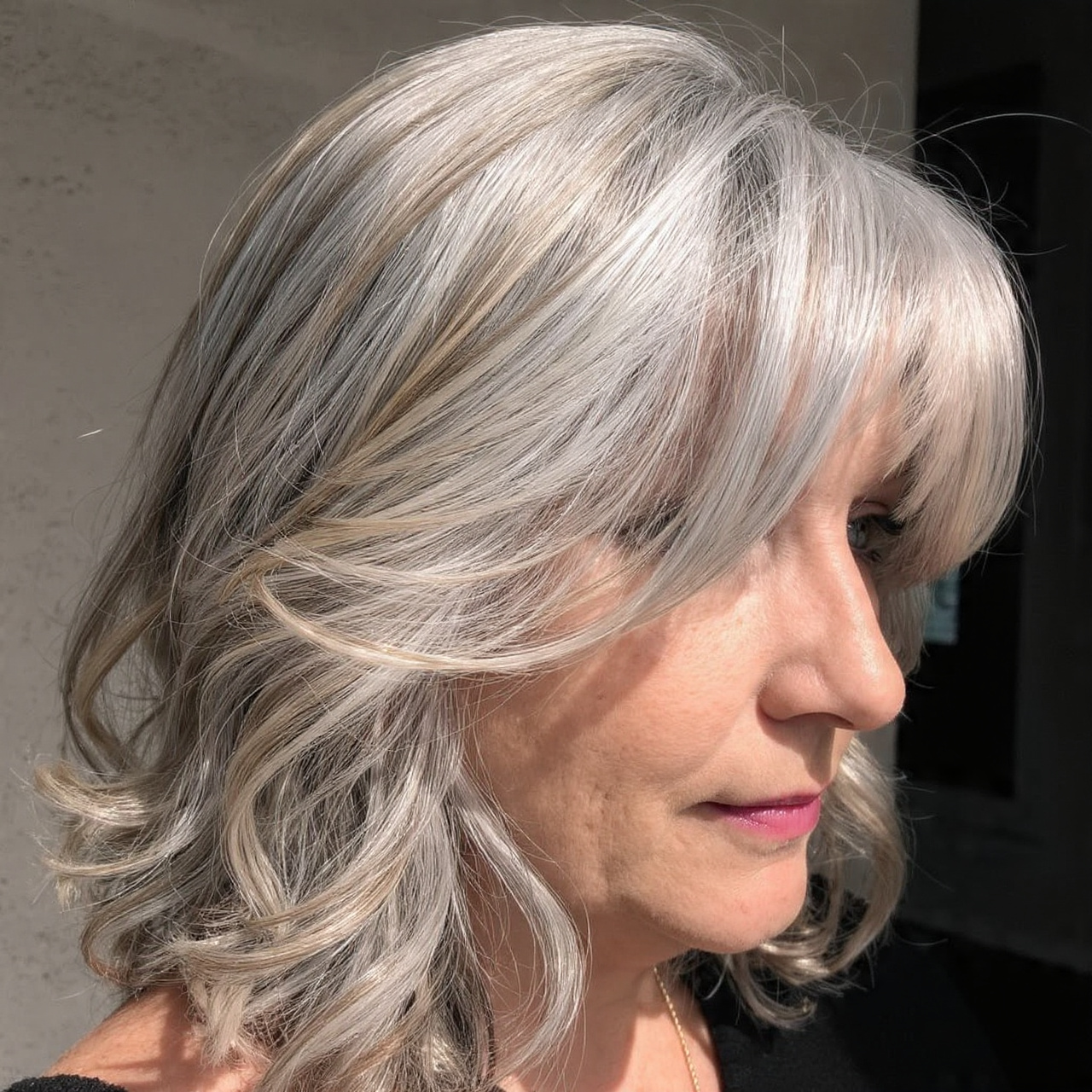 Silver balayage blending gray hair for older women