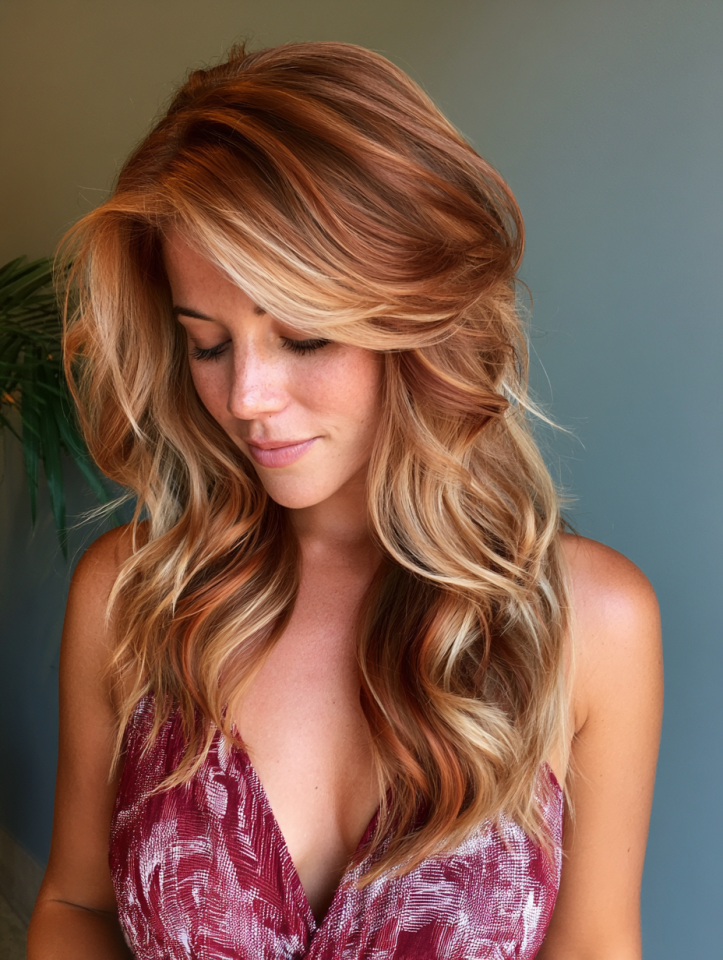 Burgundy hair with copper ribbon highlights