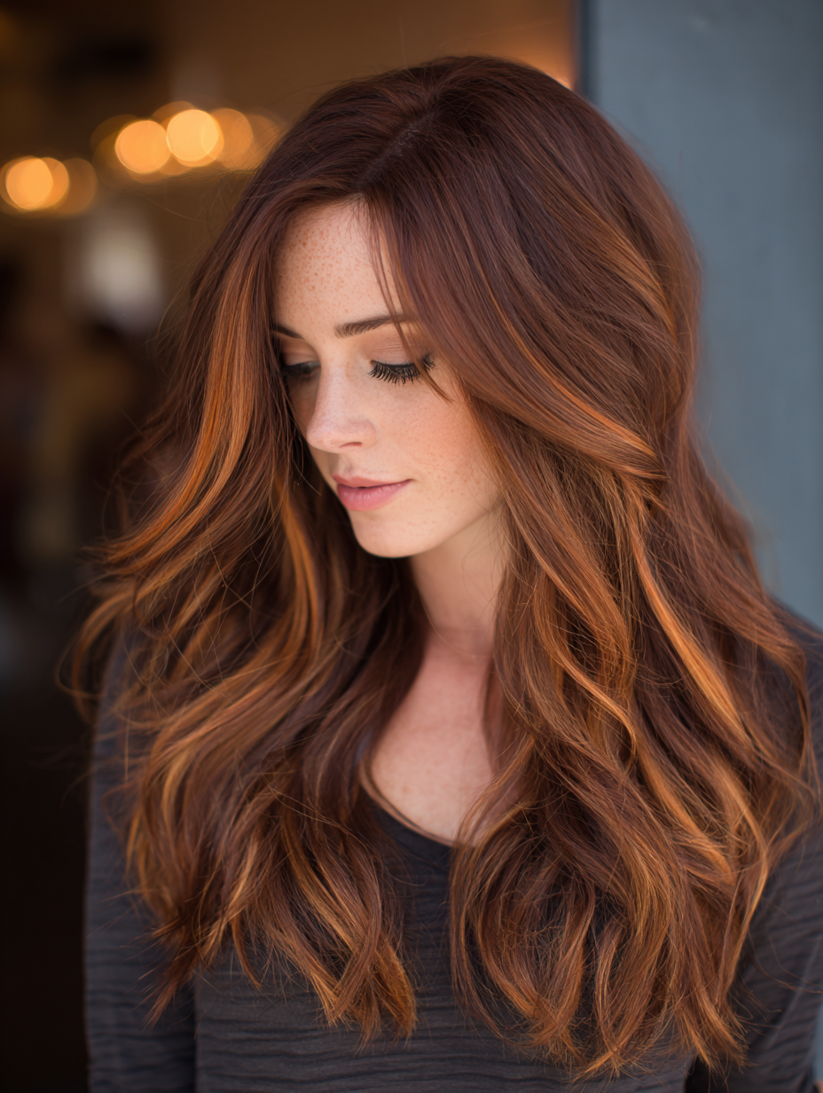 Copper auburn hair with face-framing highlights