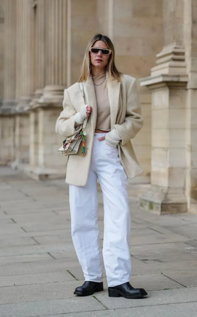 Woman in cream boucle knit jacket, beige turtleneck and white wide-leg jeans