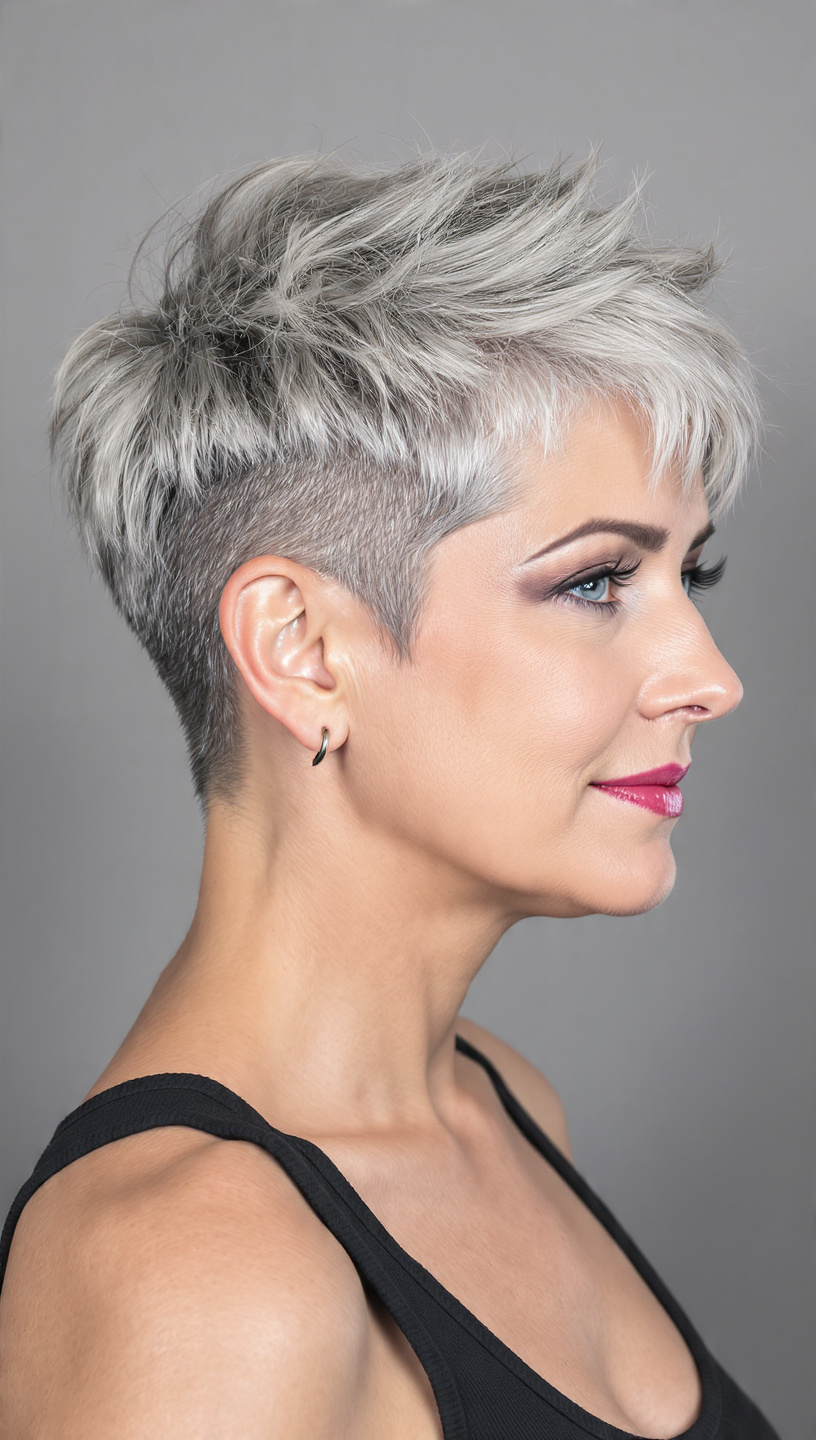 Undercut pixie haircut with long textured gray top