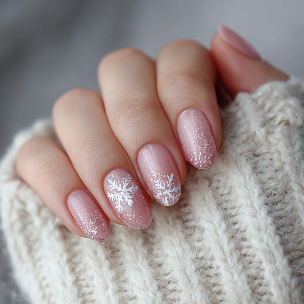 Pale pink glitter nails with white winter nail art
