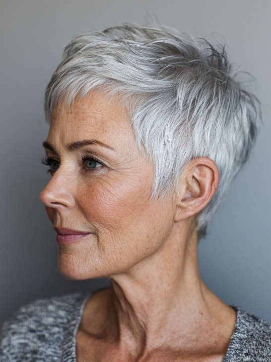 Silver pixie haircut with soft piecey texture on an older woman