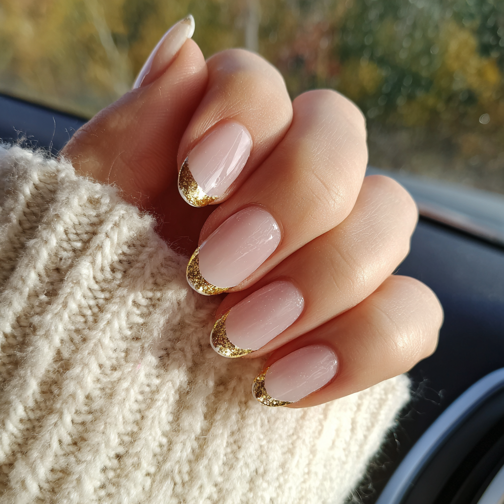 Sheer nude nails with minimal gold accents