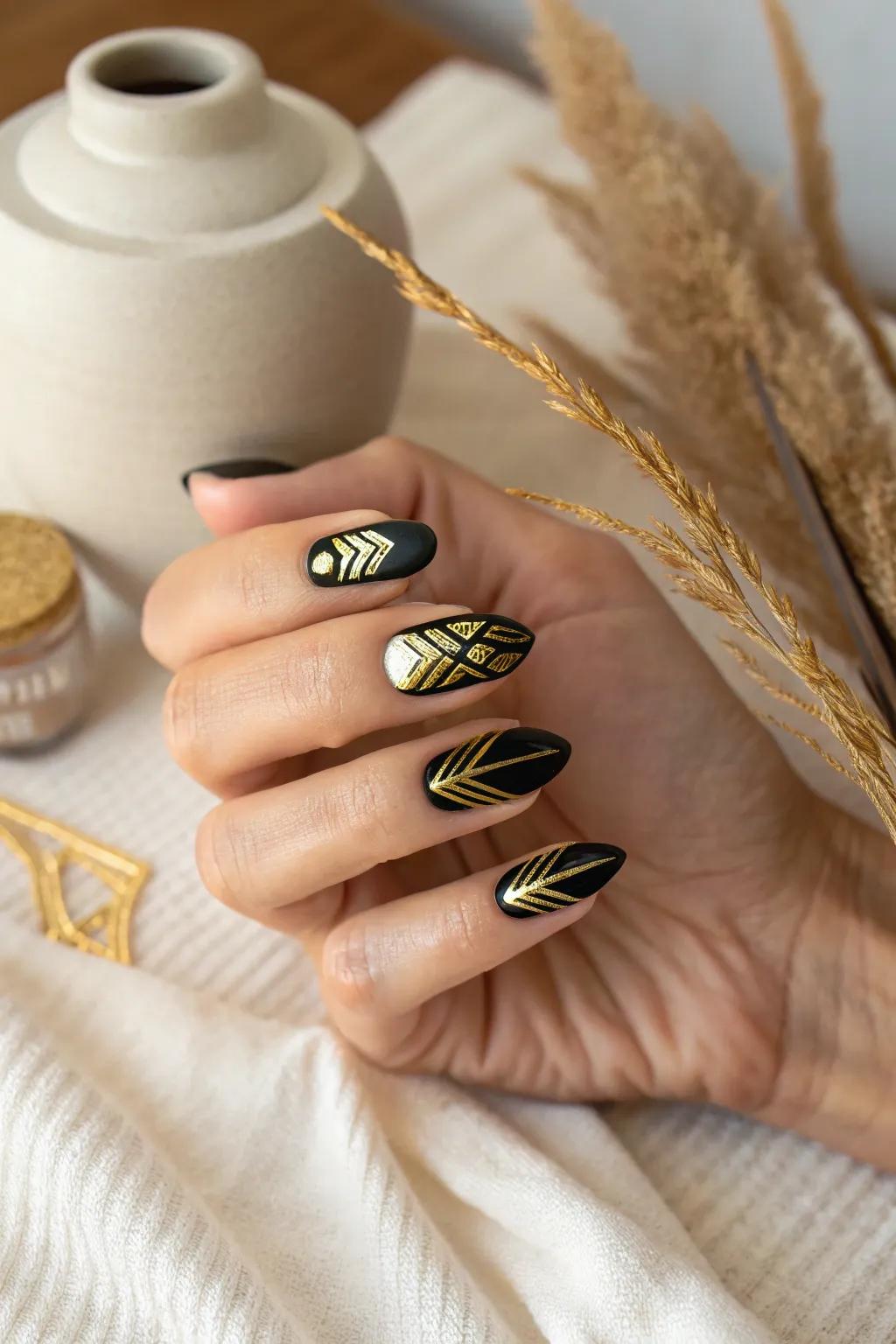 Black almond nails decorated with geometric gold art-deco line details.