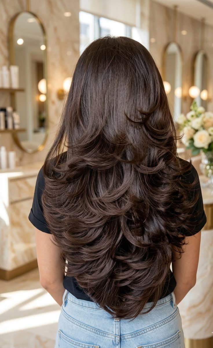 Long layered haircut with soft dimension, back view