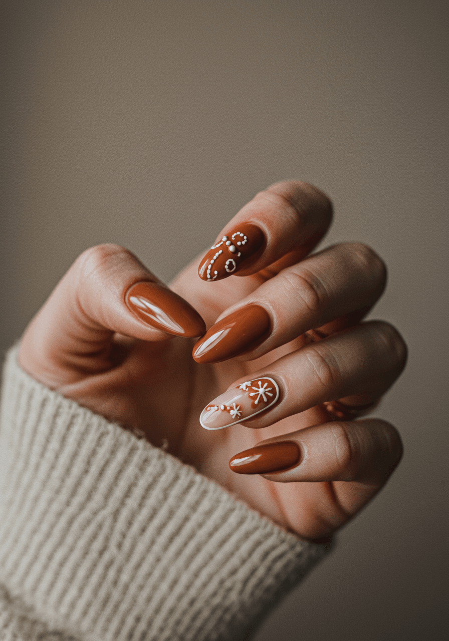 Gingerbread brown nails with white icing dot and snowflake art