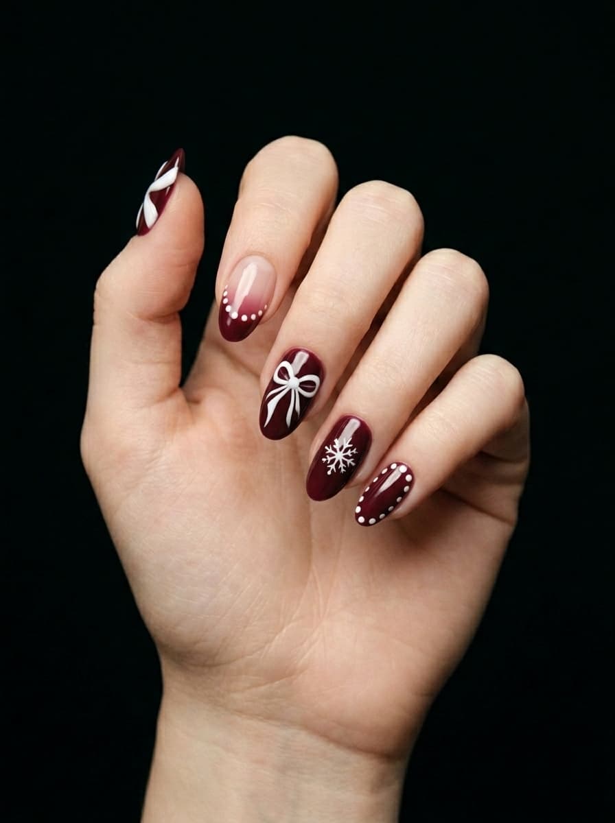 Short almond burgundy nails with a white hand-painted bow, snowflake and polka dot accents