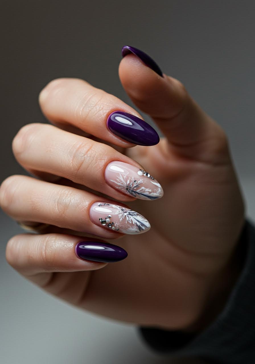 Long almond winter nails in frosted amethyst plum