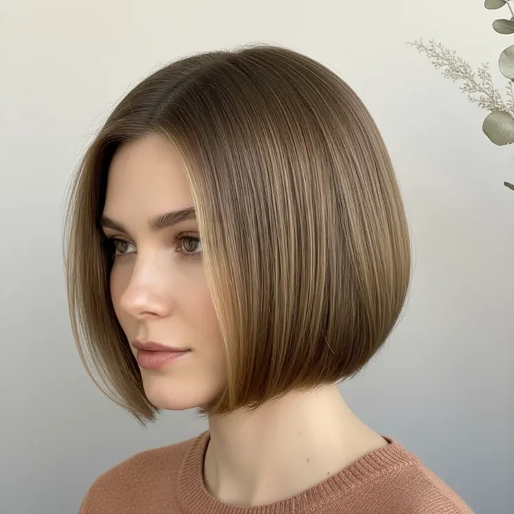 Sleek chin-length blunt bob in warm chestnut brown
