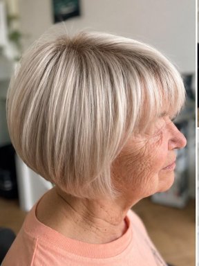 Rounded ash blonde bob with soft fringe on an older woman