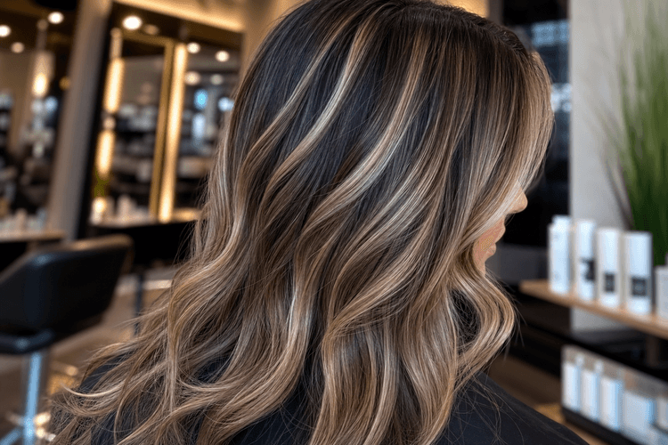 Back view of medium-long wavy hair with hand-painted caramel balayage in a salon