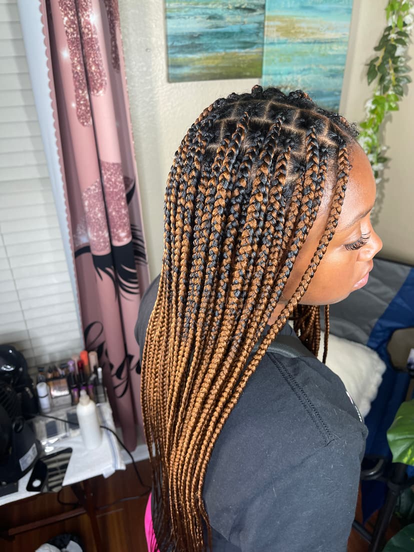 Two-tone black and copper box braids on a woman in a salon setting