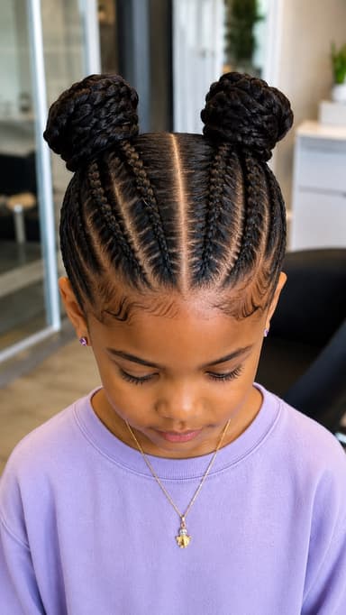 Cornrows styled into two braided space buns on a young girl