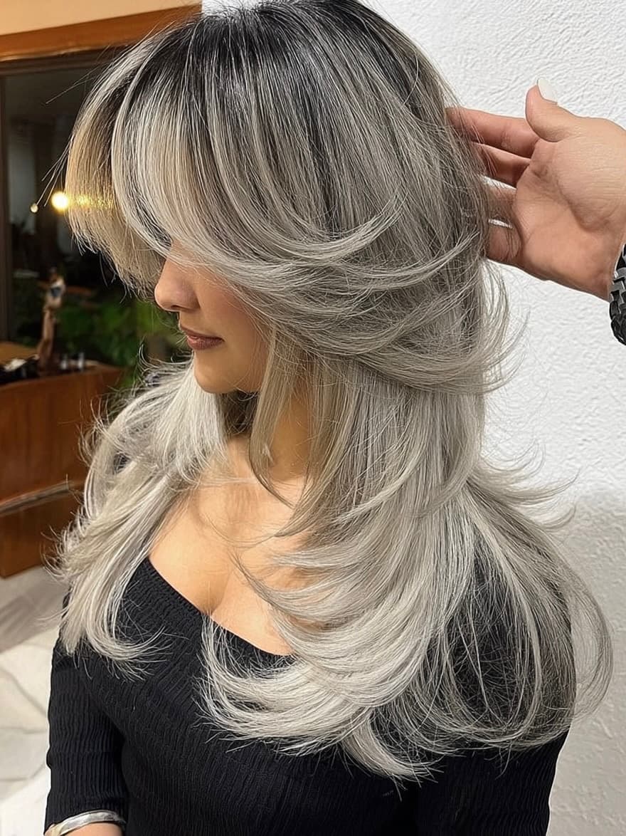 Moonstone silver blowout on long layered hair