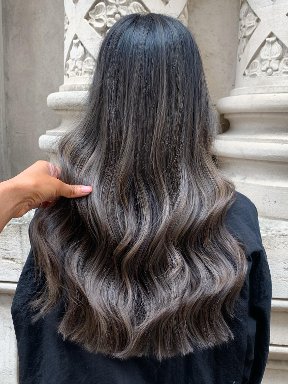 Smoky dark brown hair with ash lowlights
