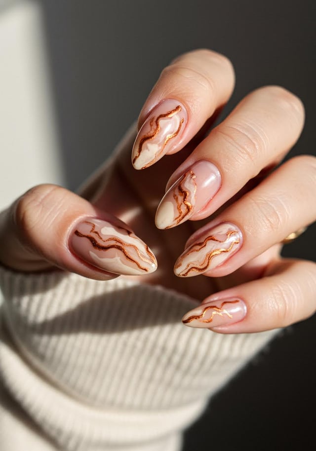 Warm rust and gold marble nail art