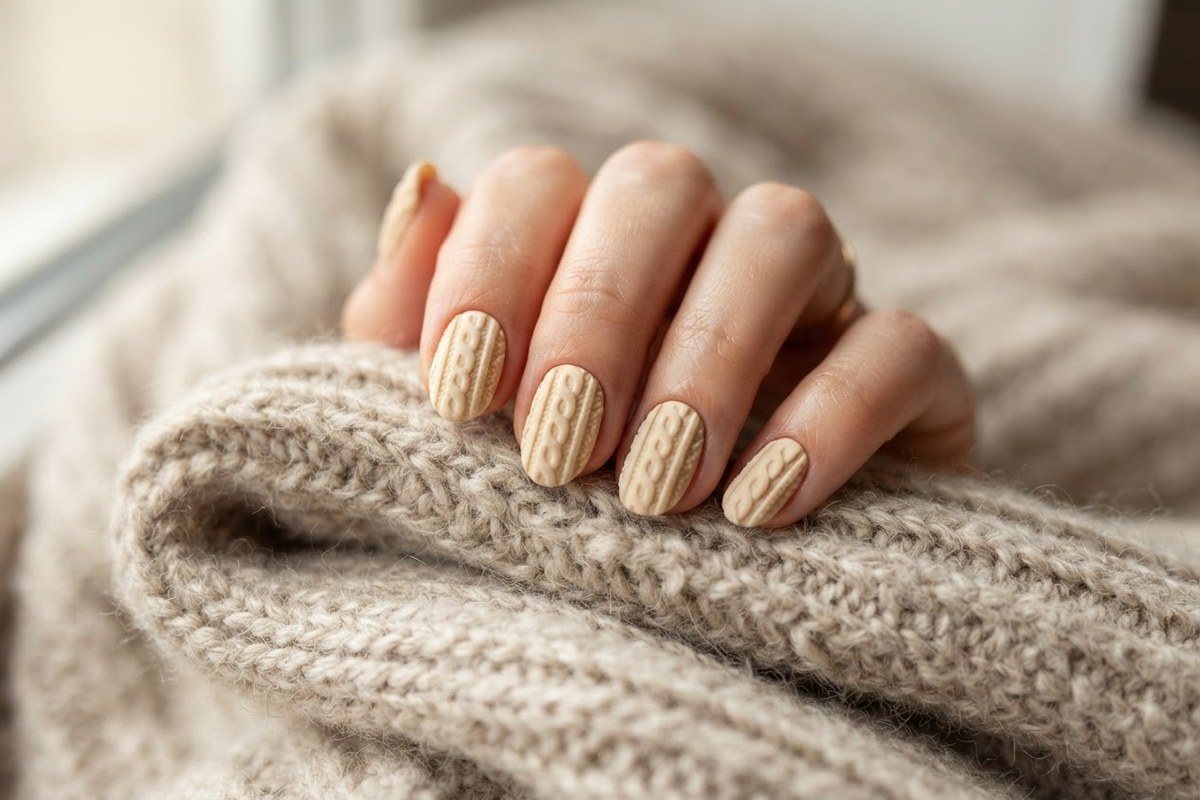 Cream cable-knit sweater nails on almond-shaped nails held against a knit sweater