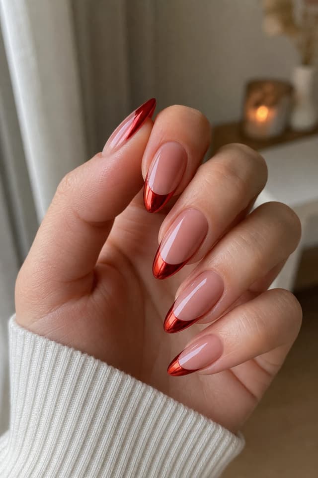 Cherry red nails with silver chrome french tips