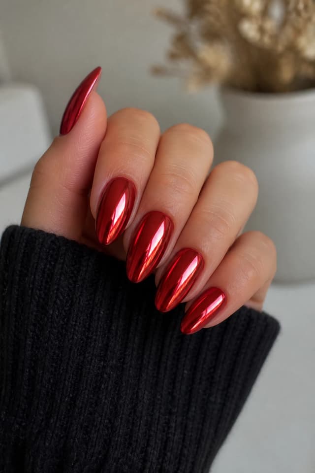 Cherry red nails finished with a sheer chrome glazed donut effect