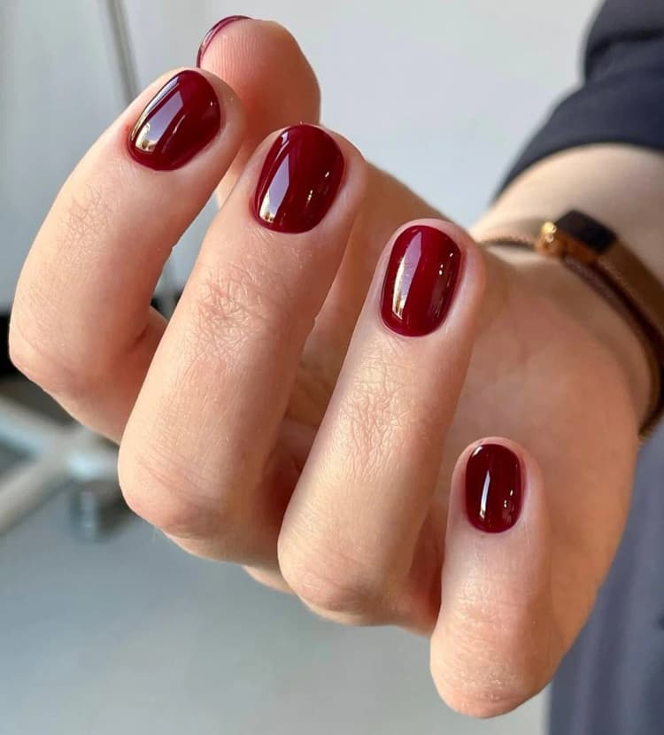 Short nails with glossy deep oxblood red gel polish