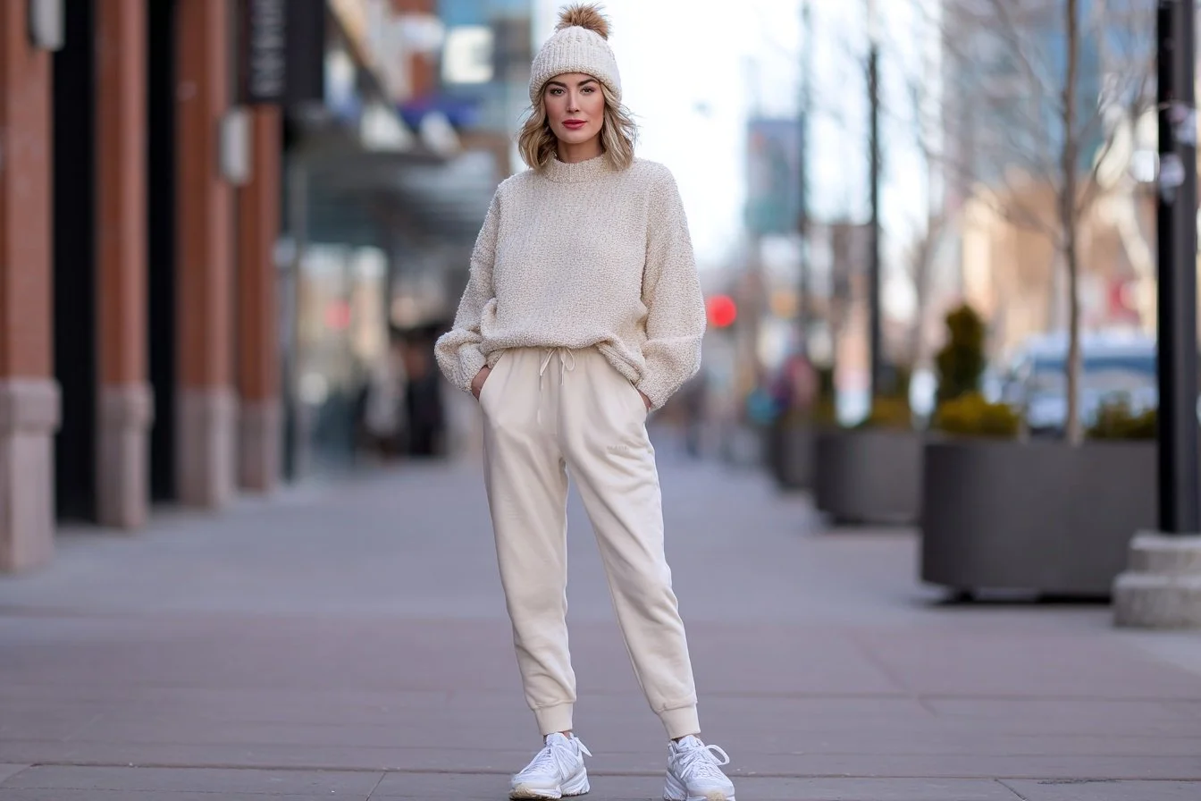 Woman in a cream boucle sweater and cream joggers with white sneakers and a knit beanie