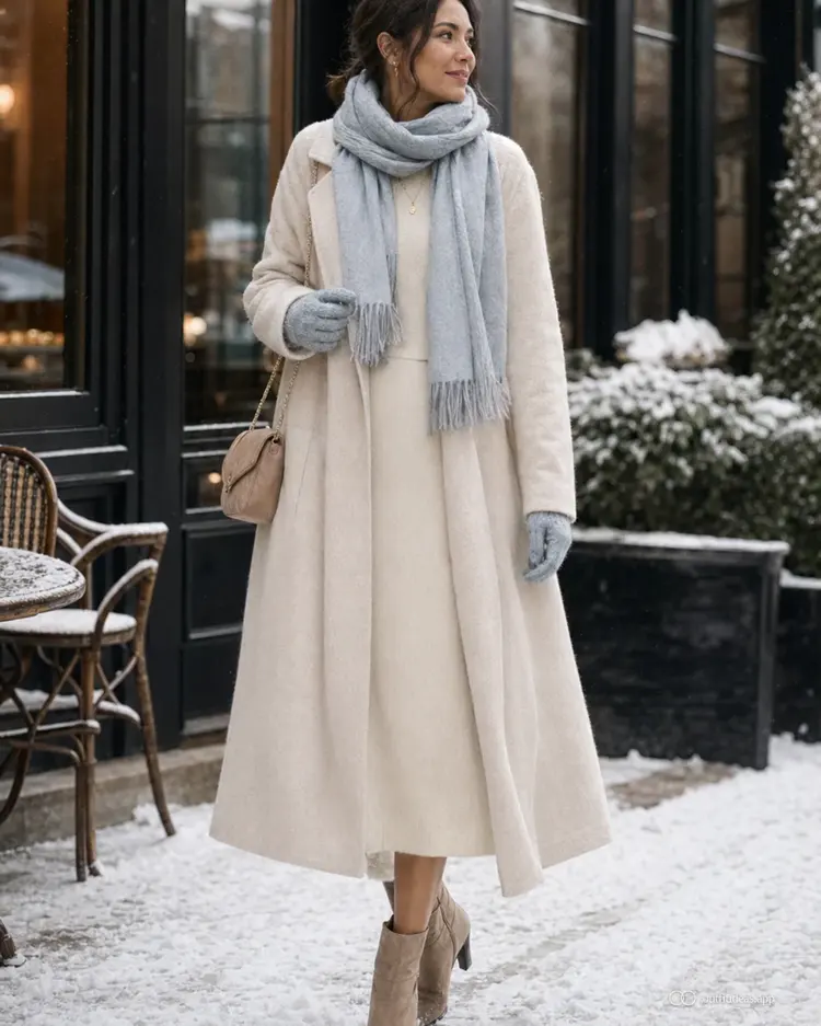 Woman in an ivory long wool coat over a cream knit dress with a light blue blanket scarf and tan suede boots in the snow