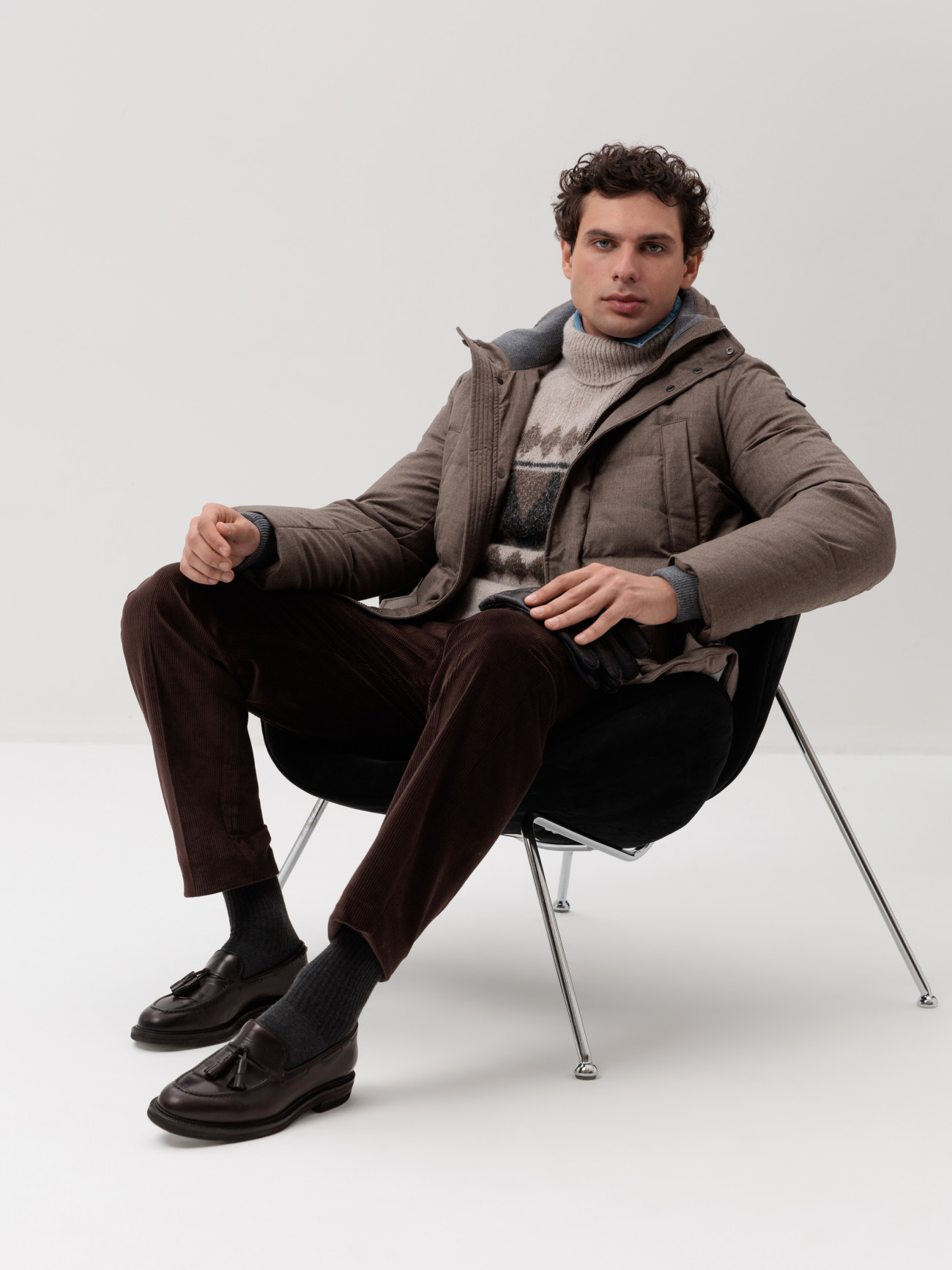 Cashmere trousers styled with winter knitwear