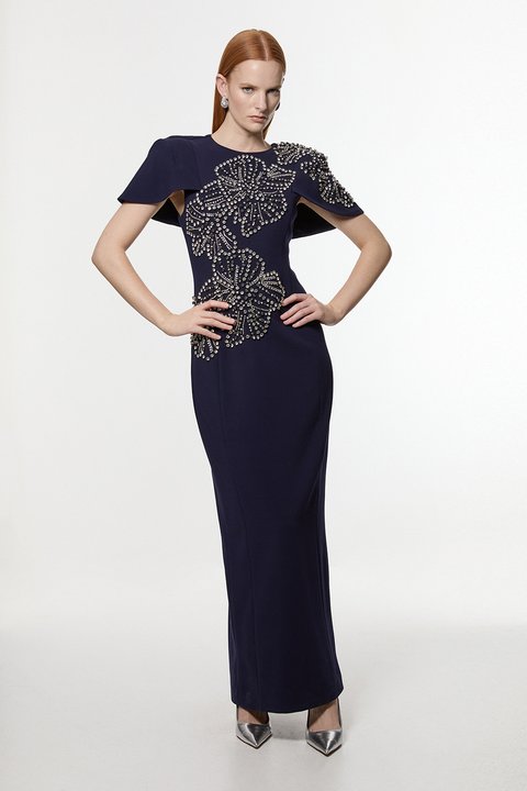 Navy blue formal midi dress with classic styling