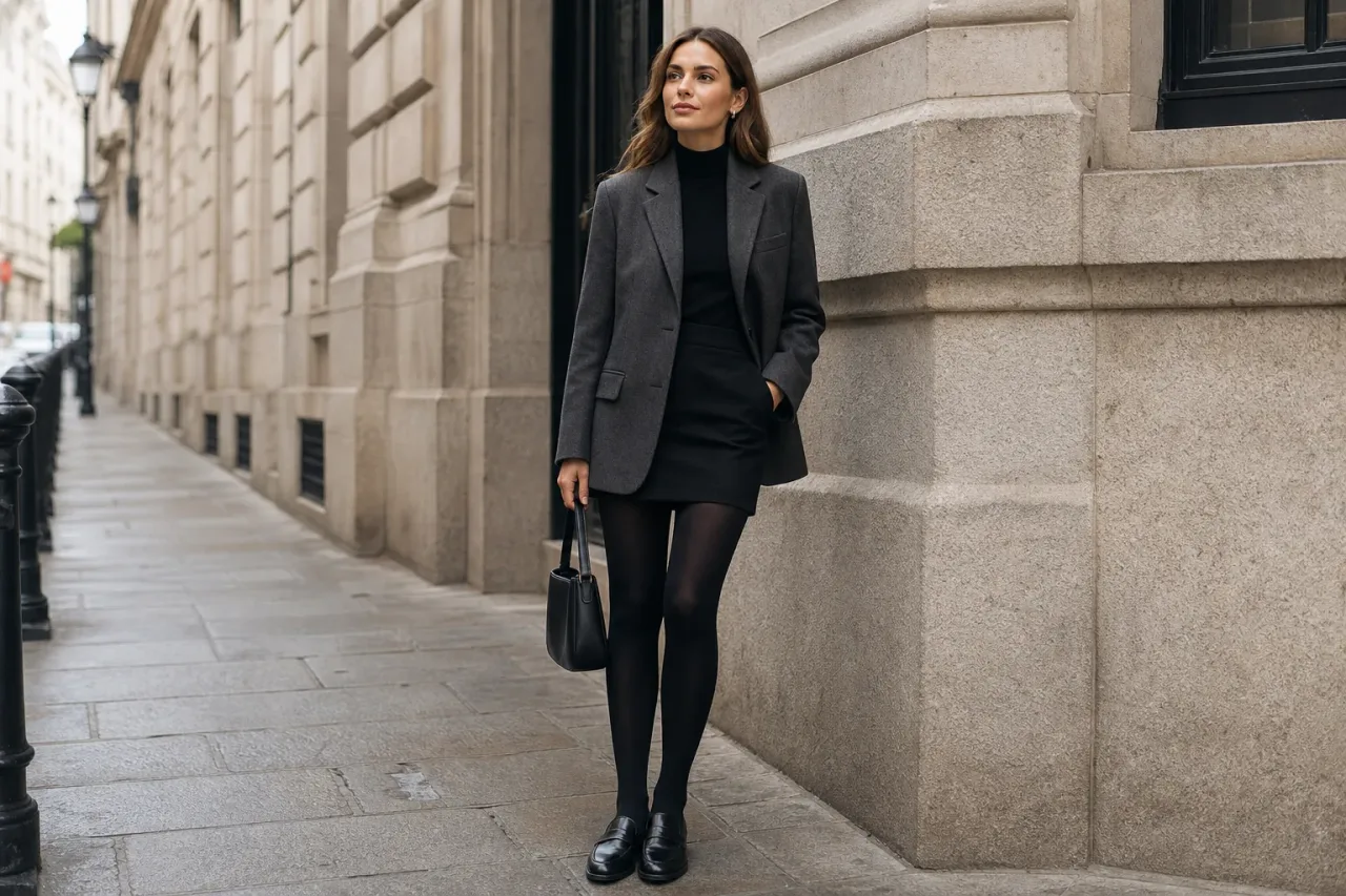 Woman in a relaxed grey blazer, black turtleneck, black mini skirt and opaque tights with loafers on a Paris street