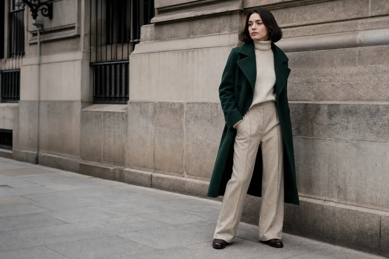 Deep green long wool coat with a cream turtleneck and cream wide-leg trousers