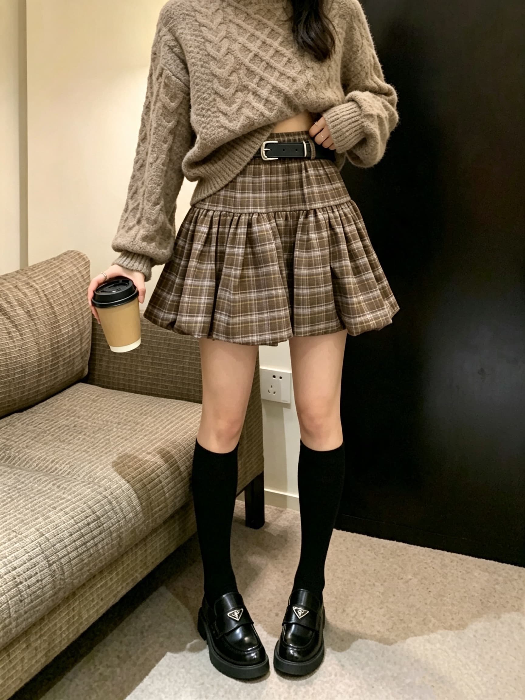 Woman wearing a brown plaid mini skirt with a chunky taupe cable-knit sweater, black knee socks and loafers