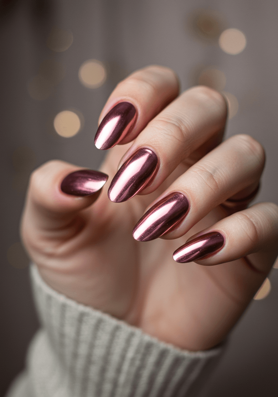 Almond nails in mirrored rose gold chrome finish