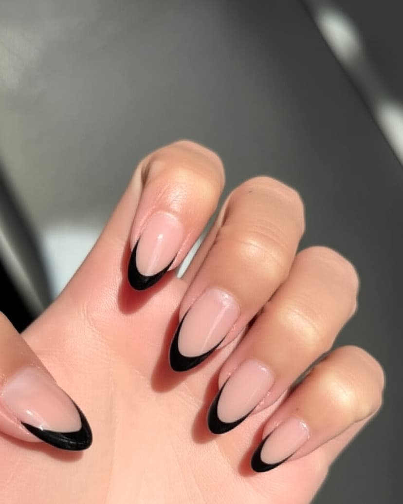 Black French tips on nude long almond nails