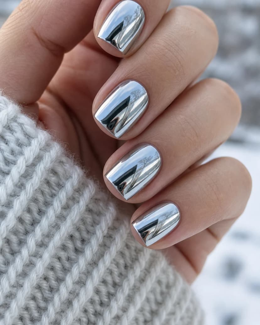 Mirror-like silver chrome finish on short nails