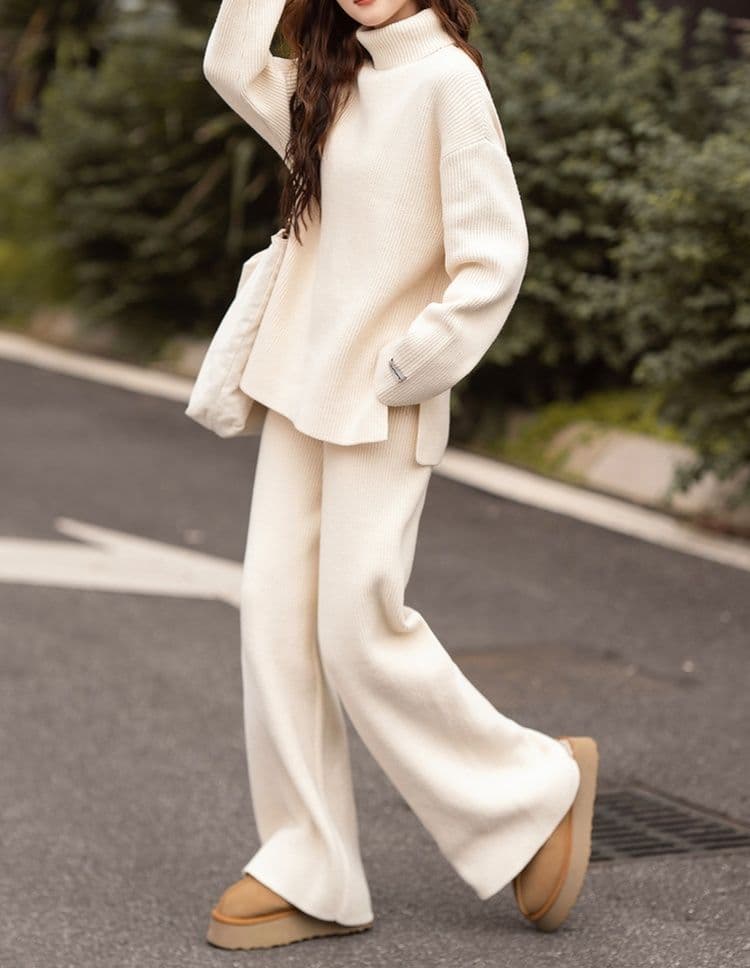 Cream monochrome winter outfit with knit top and trousers