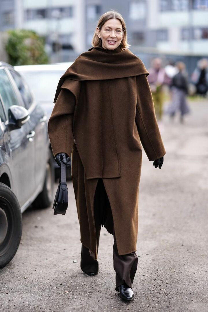 Chocolate-brown wool coat over a tonal brown outfit