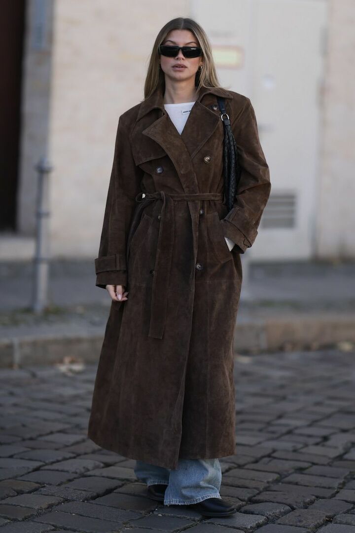 Brown suede jacket outfit, editorial