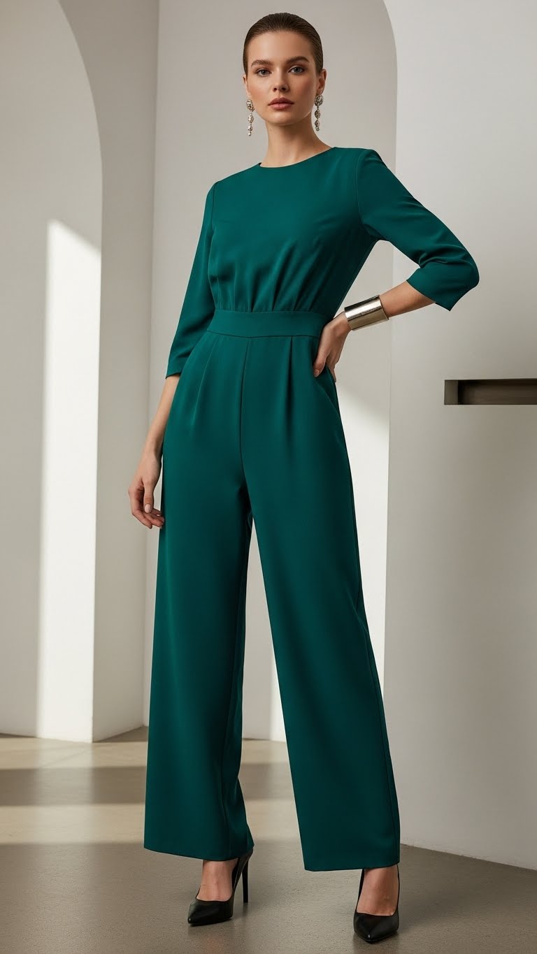 Woman in a teal wide-leg jumpsuit with black heels, evening look