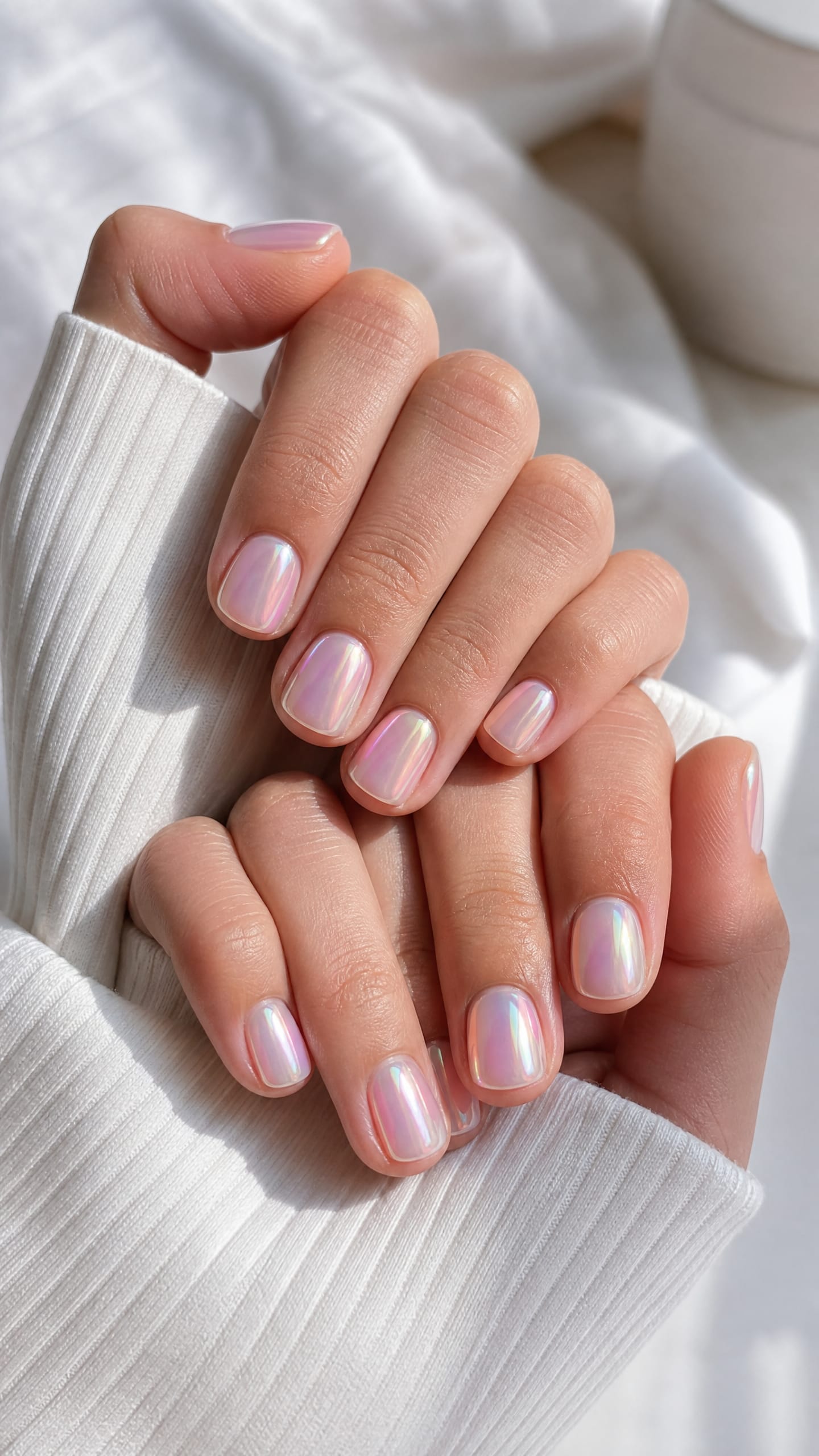 Short nails in iridescent pearl chrome with a glazed donut finish