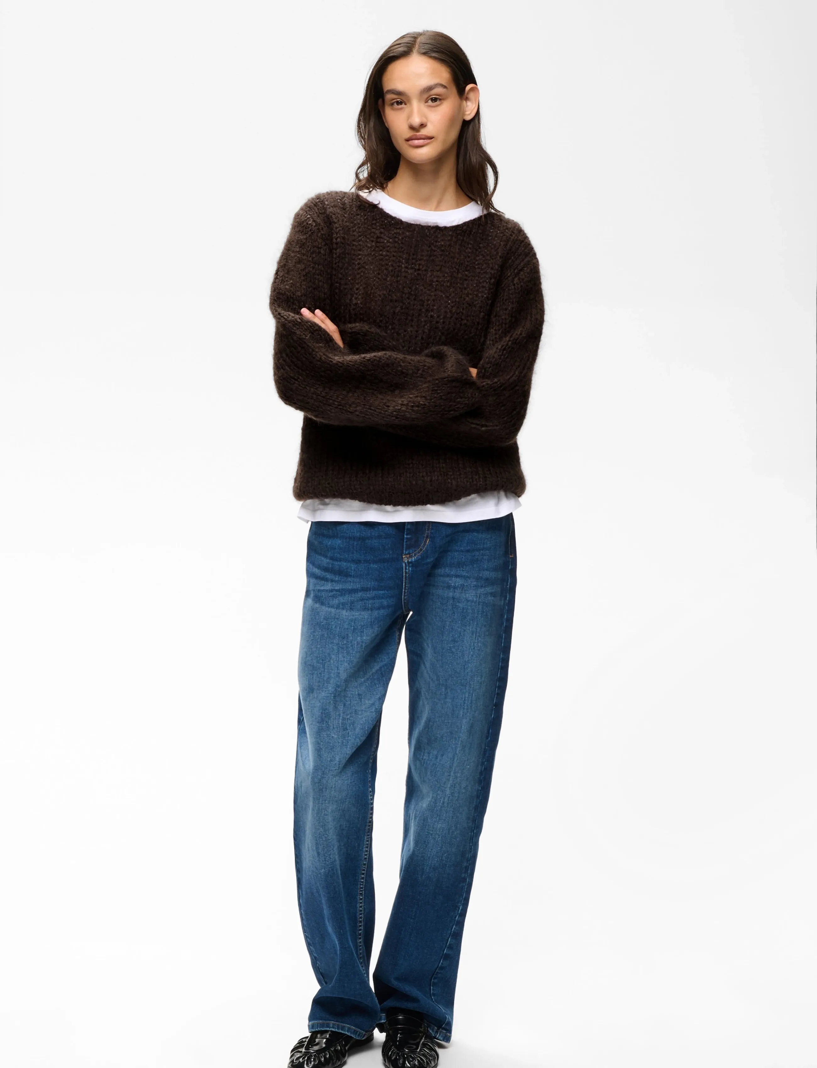Chocolate brown pullover product photo on a model