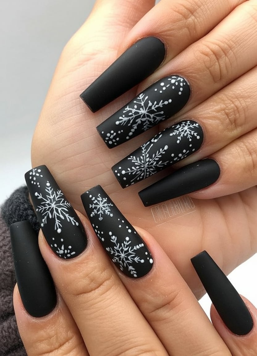 Black almond nails with white hand-painted snowflakes