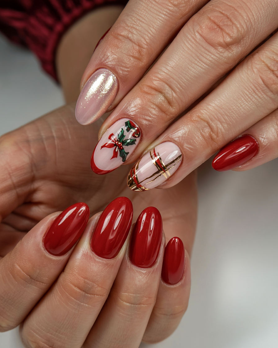 Medium almond nails in classic red with a plaid and holly accent nail