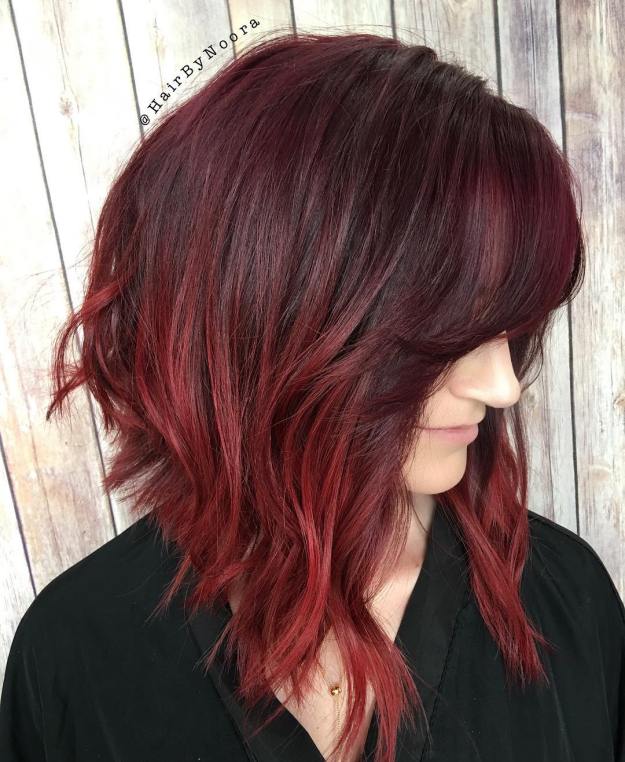 Burgundy balayage on a jagged textured lob