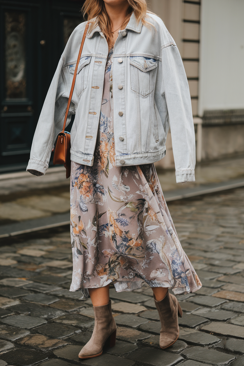 Woman wearing a floral midi dress, oversized light-wash denim jacket and taupe suede ankle boots