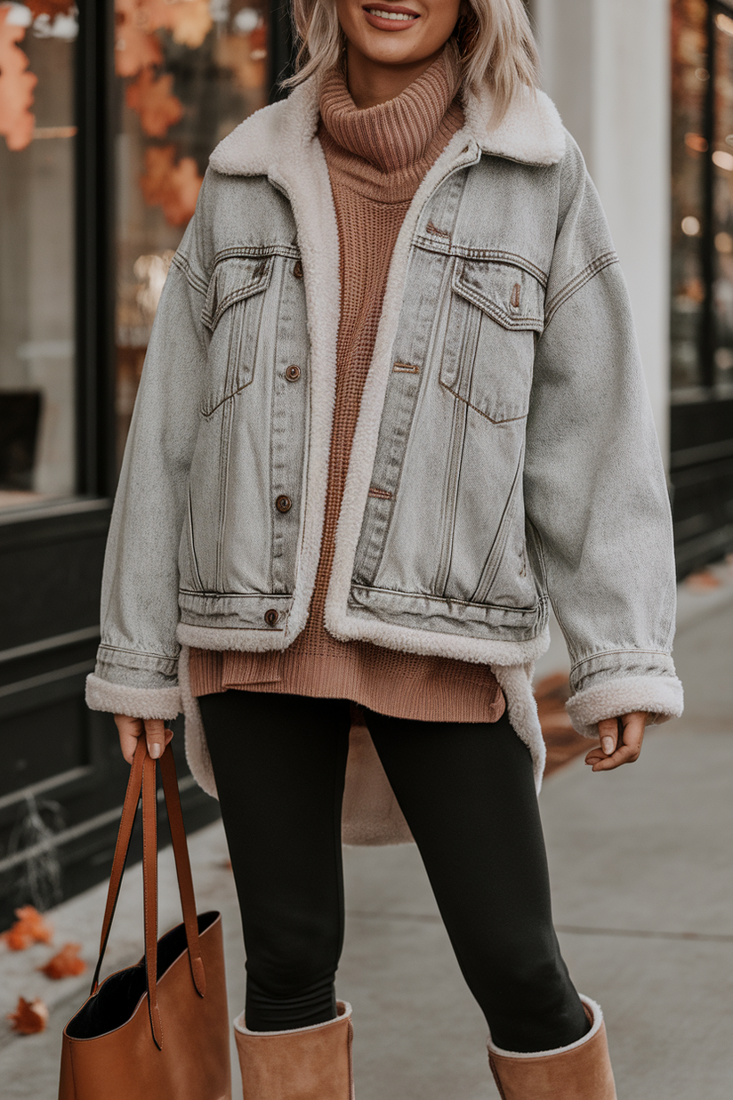 Woman wearing tall classic Ugg boots with an oversized denim jacket, white tee and black leggings