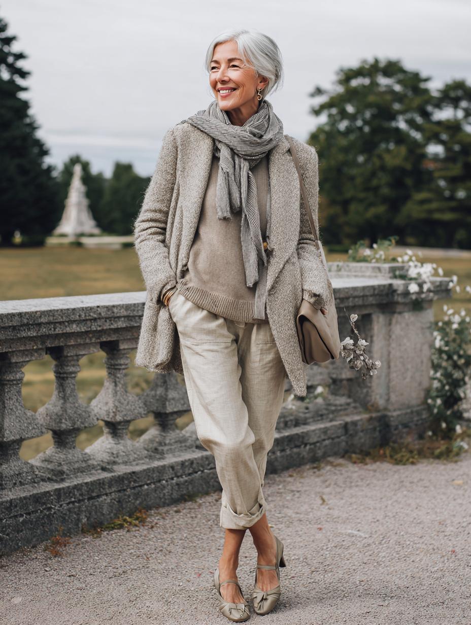 Woman over 40 in oatmeal and taupe tonal layered outfit, warm stone monochrome look
